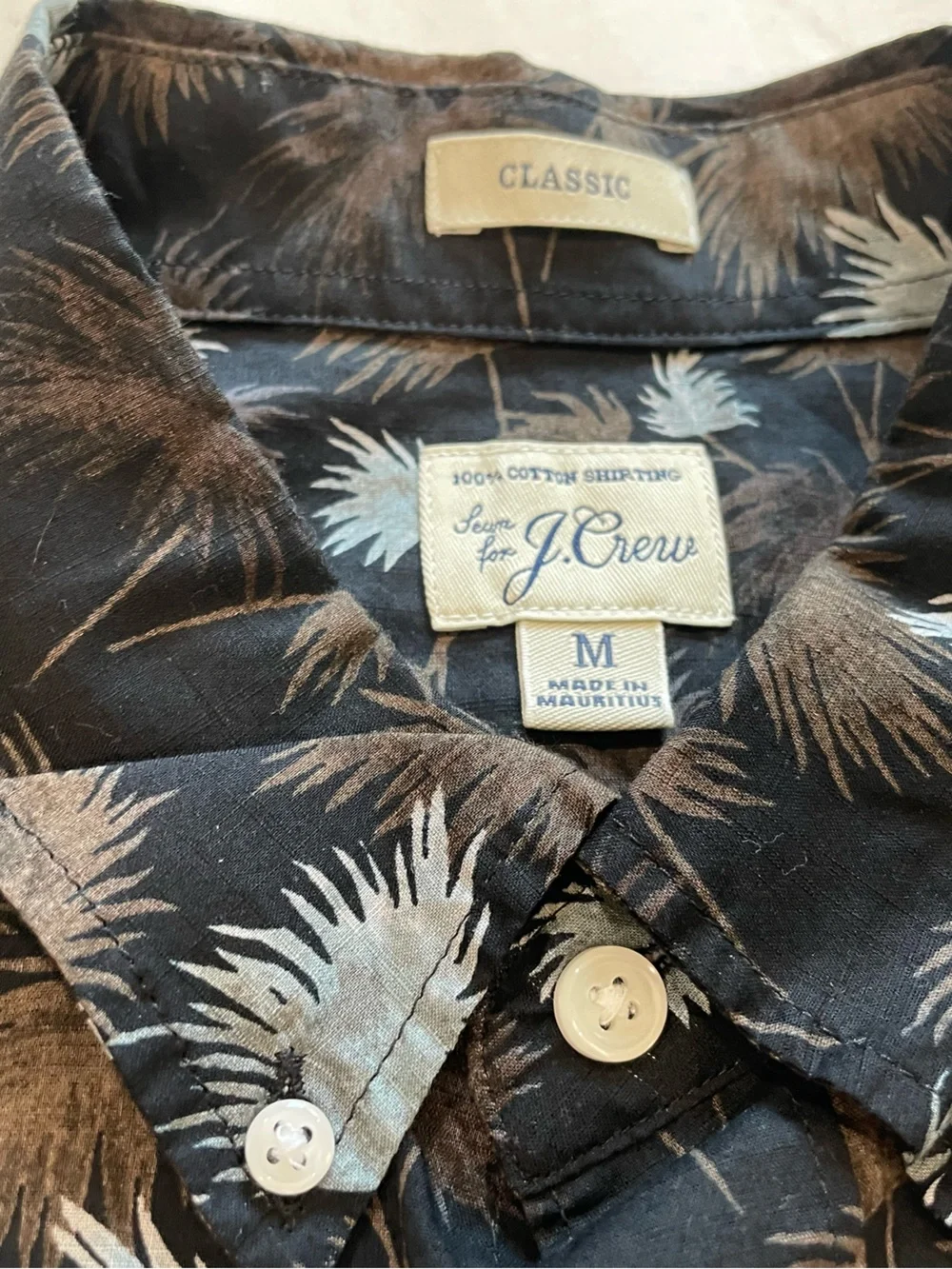 J. Crew Black Short-Sleeve Button-Down Shirt with Gray and Brown Palm Print